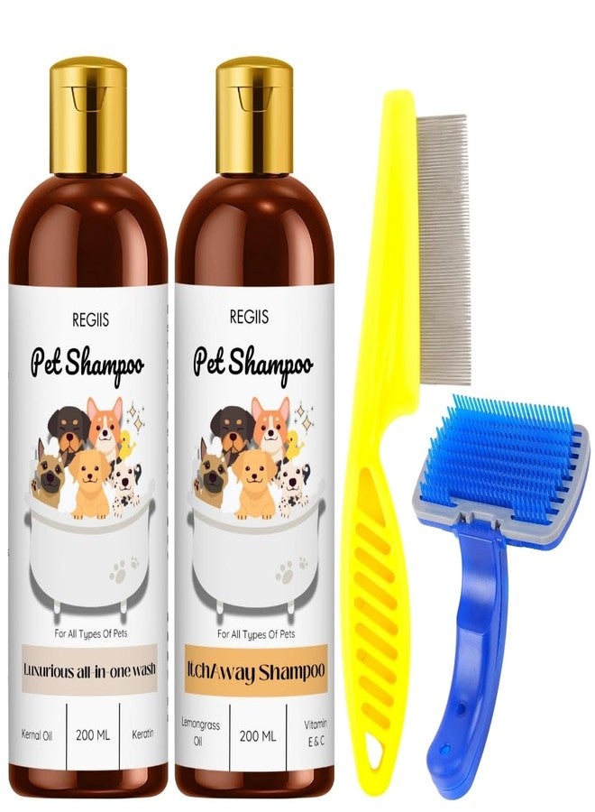 REGIIS Pet Shampoo Set with Grooming Brushes, Luxurious All-in-One Wash and Itch Away Formula, 200 ML, 4-Piece Kit for Dogs